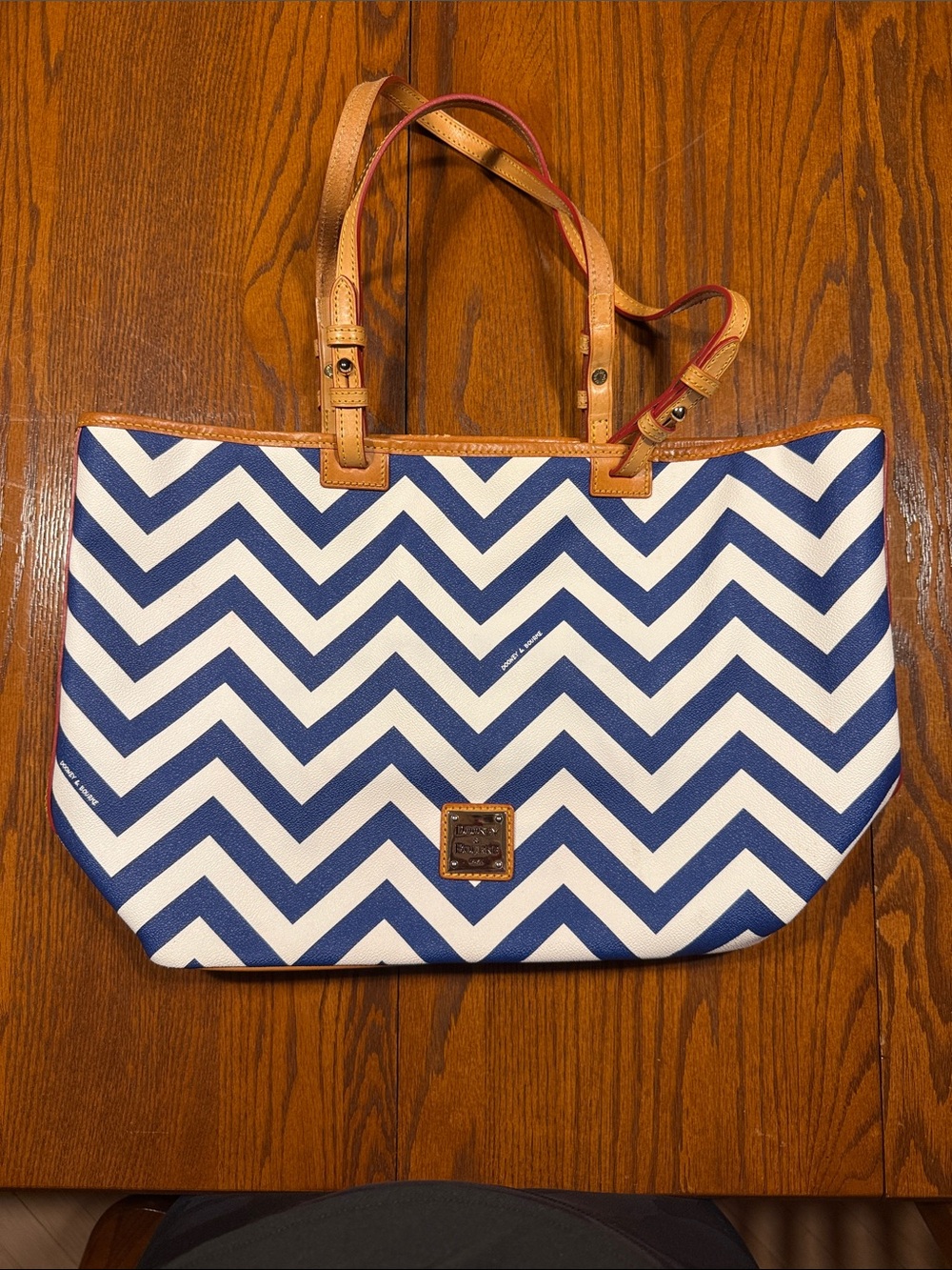 Dooney & Bourke Navy and Cream Chevron Tote with Leather Trim